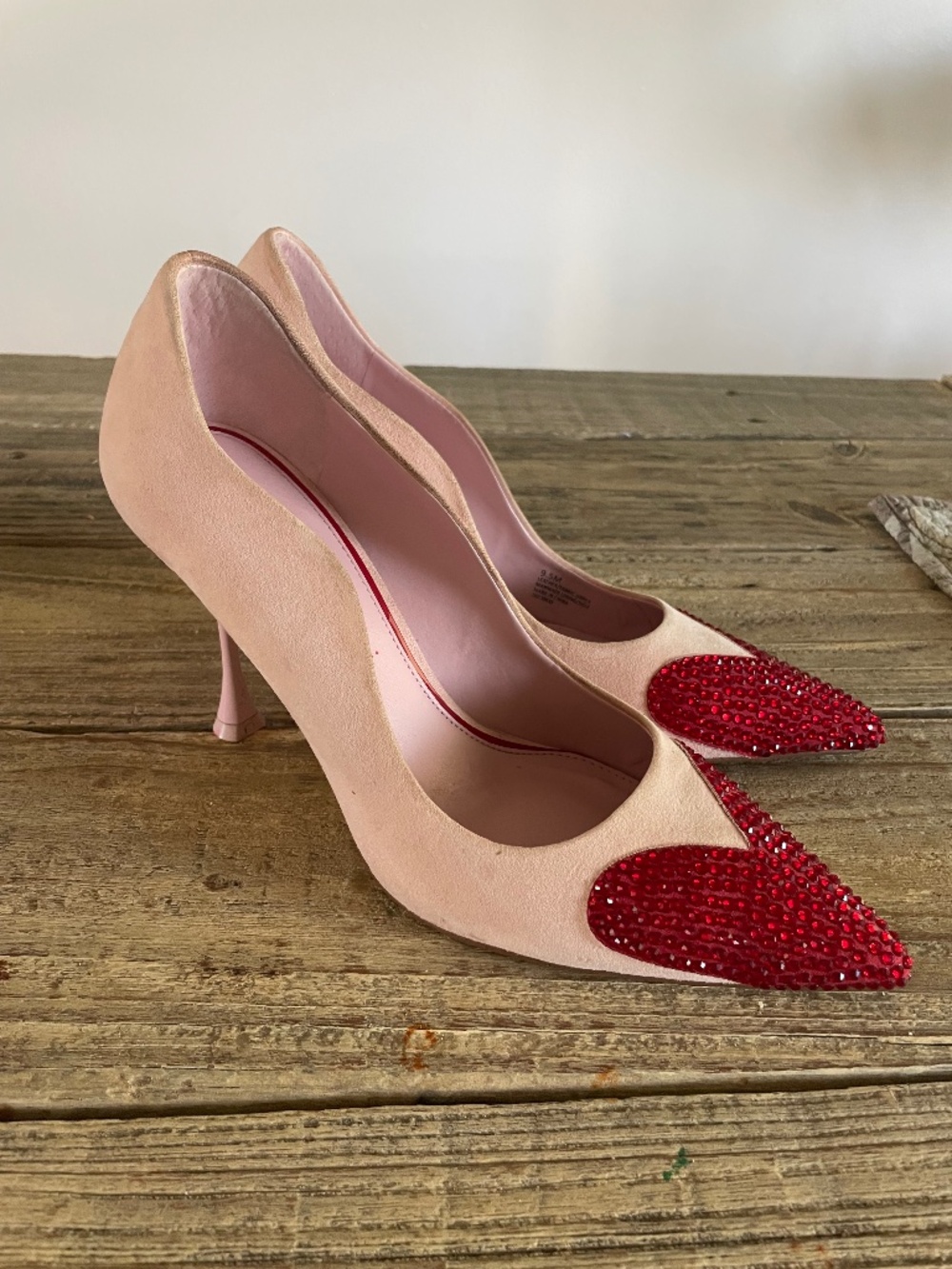 Gianni Bini Pink Suede Pumps with Red Crystal Heart Toe Embellishment